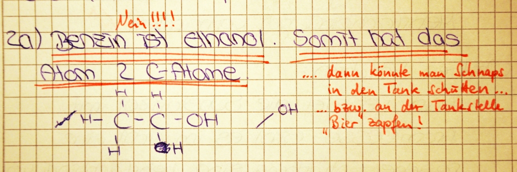 Benzin ist Ethanol; Schulaufgabe Chemie, Kl. 10